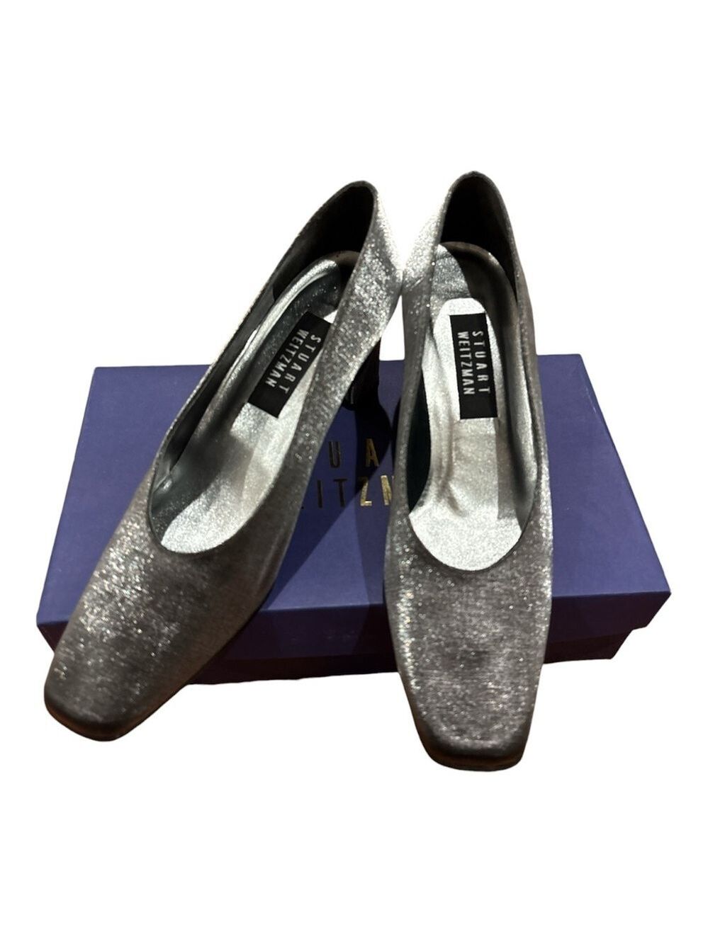 80s STUART WEITZMAN PEWTER GLITTERY SQUARE TOE SHOES 2.5 BLOCK HEEL IN BOX SZ 9